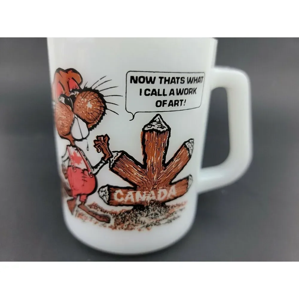 Vintage Federal Glass Mug White Milk Glass CANADA Beaver Maple D Handle